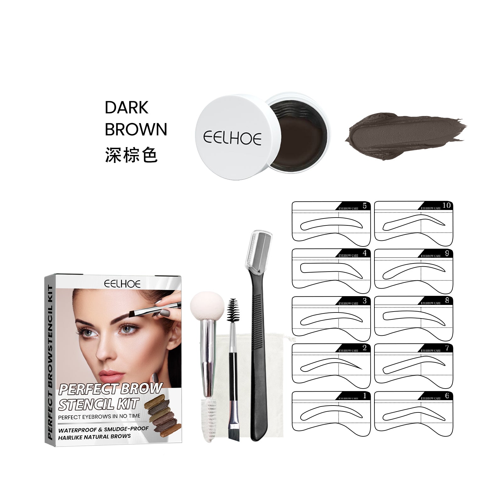 Kit de Pochoirs à Sourcils Parfaits EELHOE, Crème à Sourcils Imperméable et Lisse, Facile à Appliquer, Anti-Bavures, Sans Maquillage, Effet Naturel et Tridimensionnel