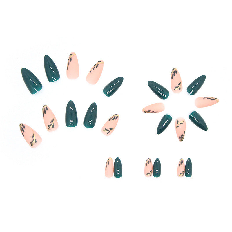 Faux ongles en amande avec motif feuilles vertes Ongles acryliques elliptiques portables Faux ongles à presser Manucure