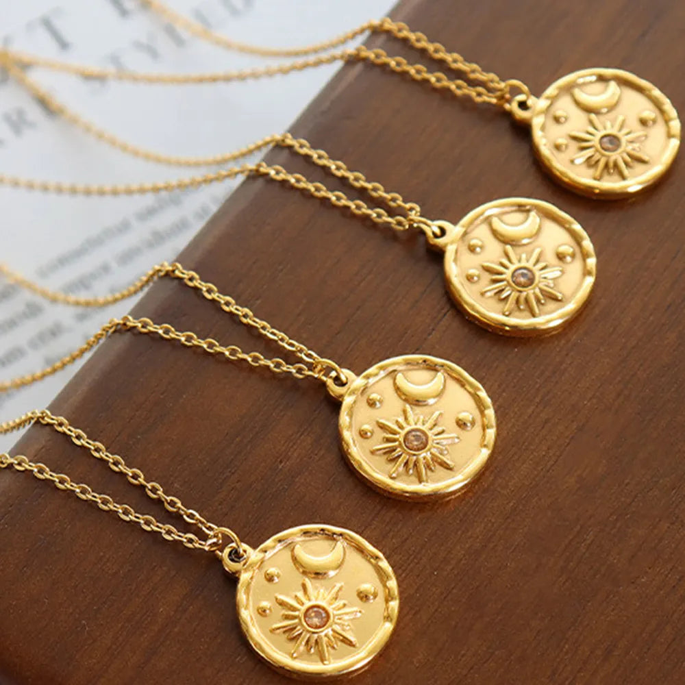Collier romantique étoile et lune en zircon, pendentif rond en acier titane plaqué or, chaîne de cou