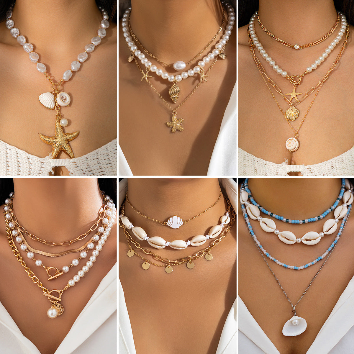 Collier de perles, collier de perles d'imitation de plage, coquillage étoile de mer, collier de vacances rétro