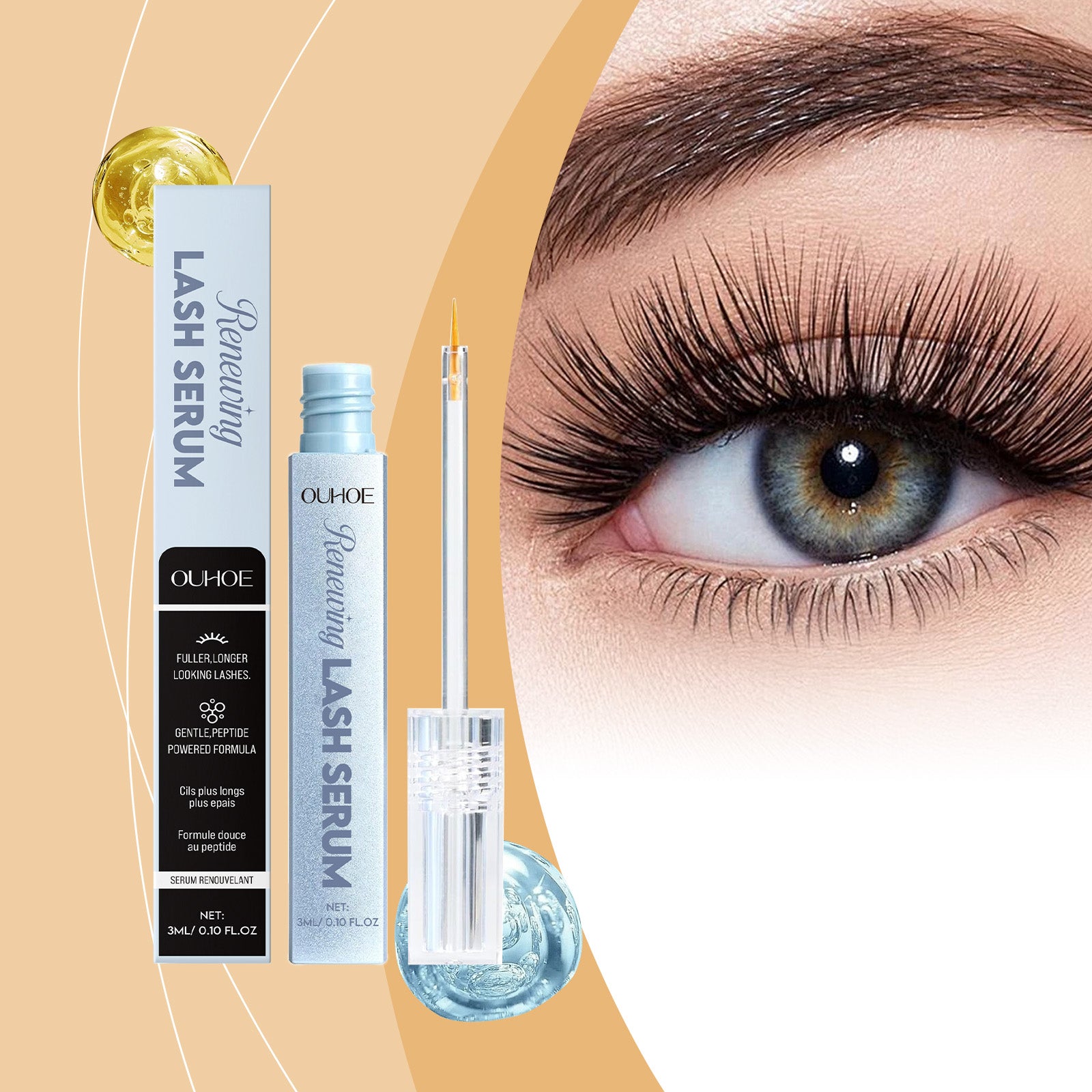 Sérum Rénovateur Cils OUHOE, Cils Naturels Doux, Hydratants, Recourbés et Effilés