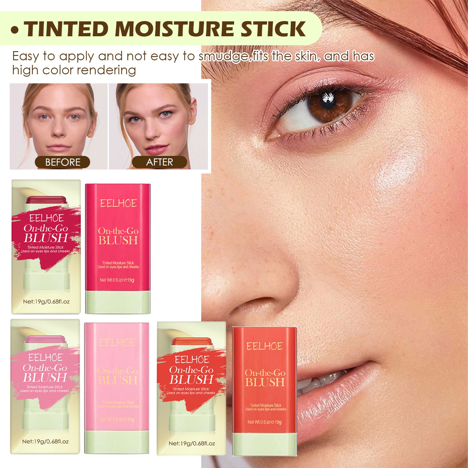 Fard à joues en stick léger, nude naturel, maquillage illuminateur et sculptant, surligneur tridimensionnel, délicat, imperméable, multifonctionnel.