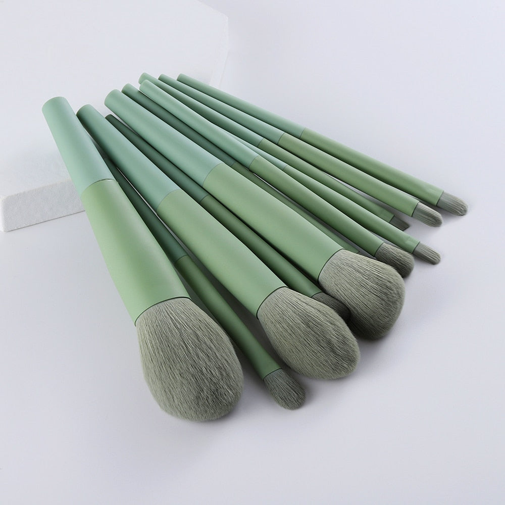 11 pinceaux de maquillage verts en poils naturels – Pinceaux à fond de teint, poudre, fard à paupières, sourcils – Outils cosmétiques