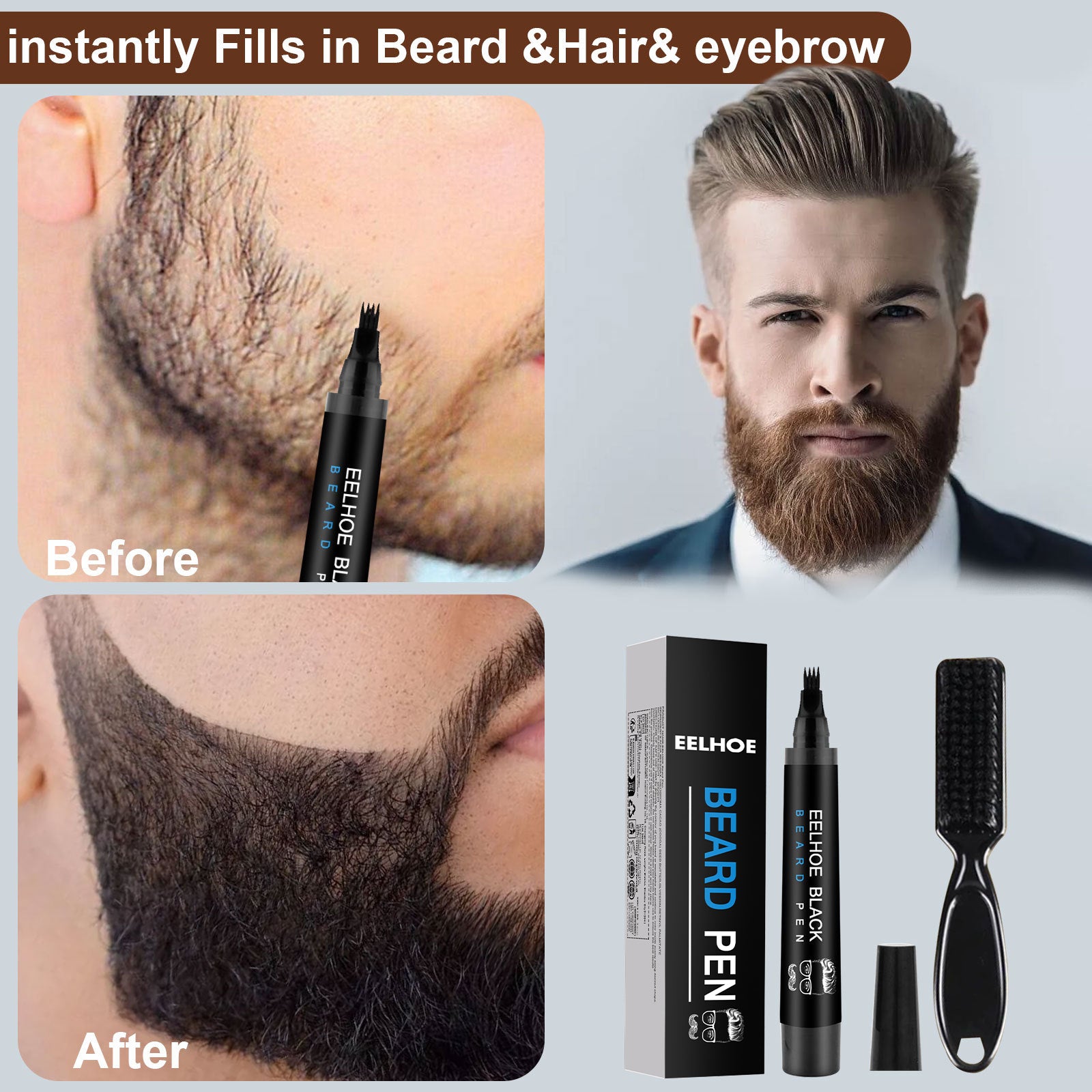 Kit de stylo de remplissage de barbe pour homme, stylo à barbe naturel imperméable, stylo de traçage de barbe