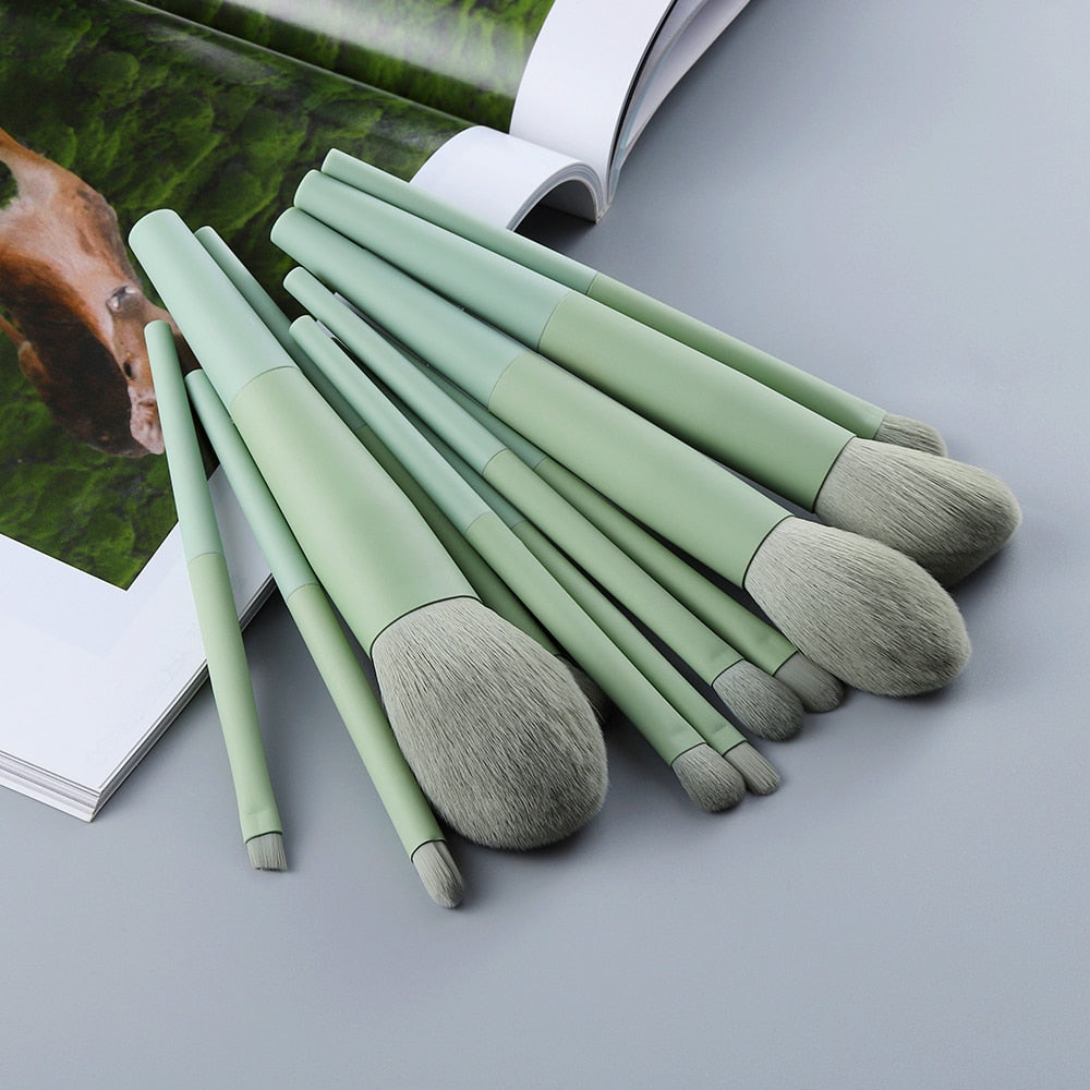 11 pinceaux de maquillage verts en poils naturels – Pinceaux à fond de teint, poudre, fard à paupières, sourcils – Outils cosmétiques