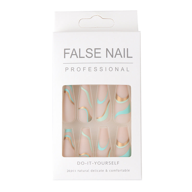 Ongles de ballet longs à motif ondulé doré, faux ongles givrés dorés, manucure mate style pop Ins, couleur contrastée à porter.