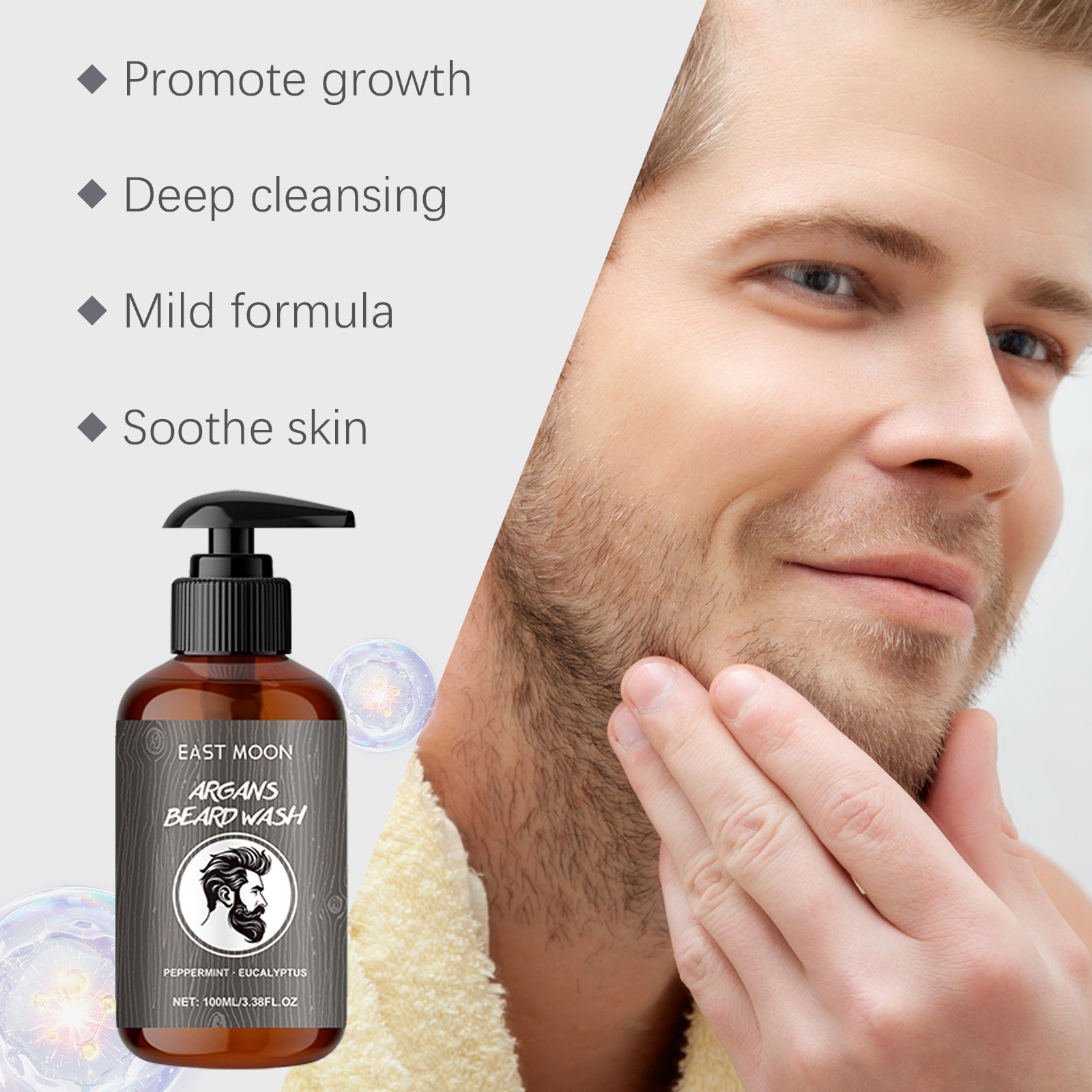 Shampoing pour poils du visage East Moon pour hommes - Nettoyant hydratant et doux pour le visage - Nettoyage délicat - Rasage en douceur