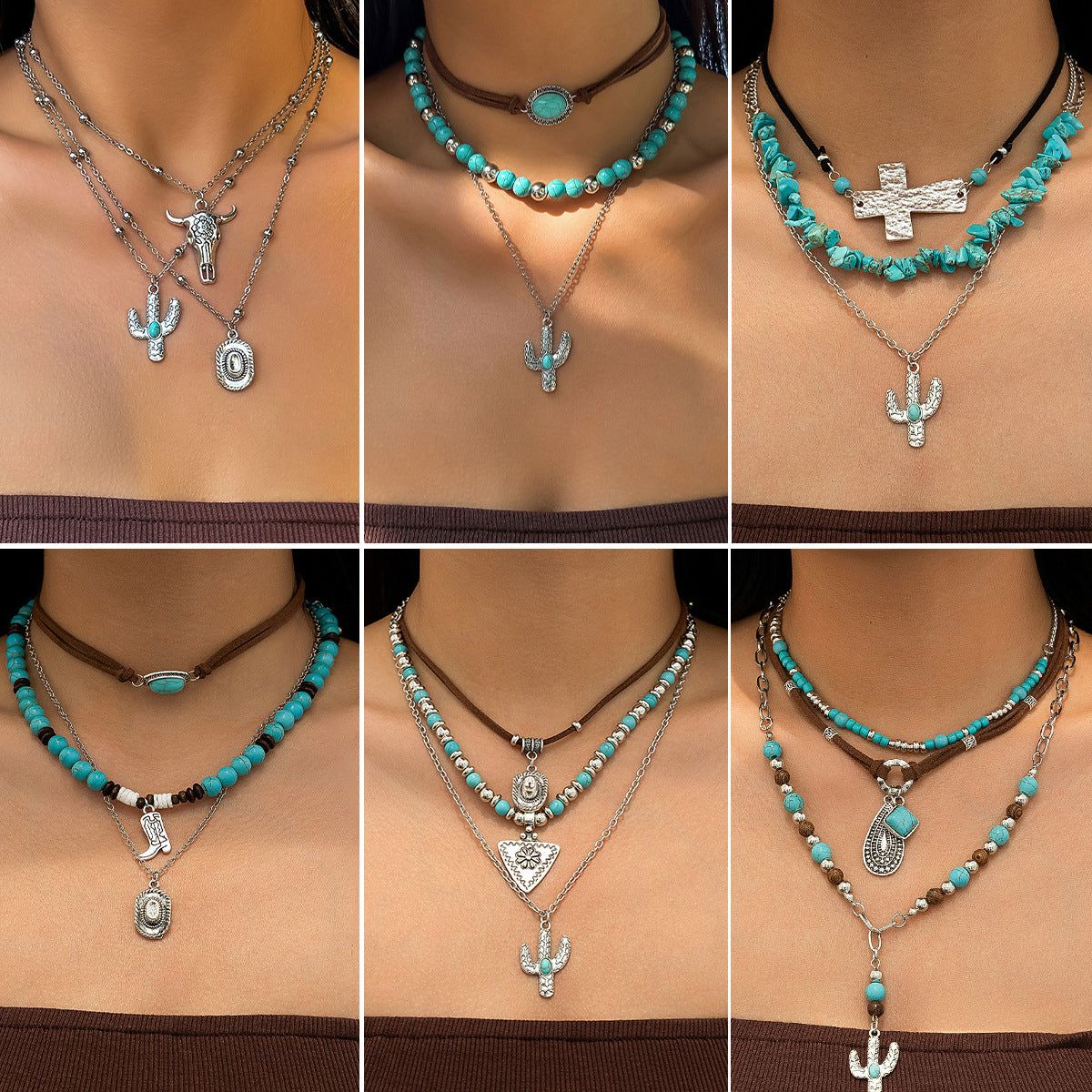 Collier de perles ras du cou fantaisie imitation turquoise, style ethnique, motif cactus
