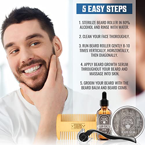 Kit de croissance de barbe - Huile, Baume, Sérum, Rouleau de Derma et Peigne en Bois pour la Croissance de la Barbe et de la Moustache