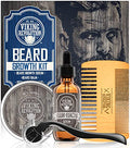 Kit de croissance de barbe - Huile, Baume, Sérum, Rouleau de Derma et Peigne en Bois pour la Croissance de la Barbe et de la Moustache