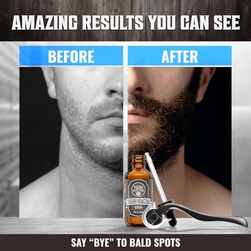 Kit de croissance de barbe - Huile, Baume, Sérum, Rouleau de Derma et Peigne en Bois pour la Croissance de la Barbe et de la Moustache