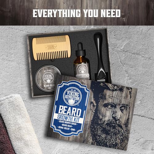 Kit de croissance de barbe - Huile, Baume, Sérum, Rouleau de Derma et Peigne en Bois pour la Croissance de la Barbe et de la Moustache
