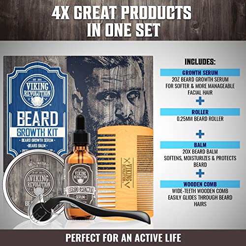 Kit de croissance de barbe - Huile, Baume, Sérum, Rouleau de Derma et Peigne en Bois pour la Croissance de la Barbe et de la Moustache