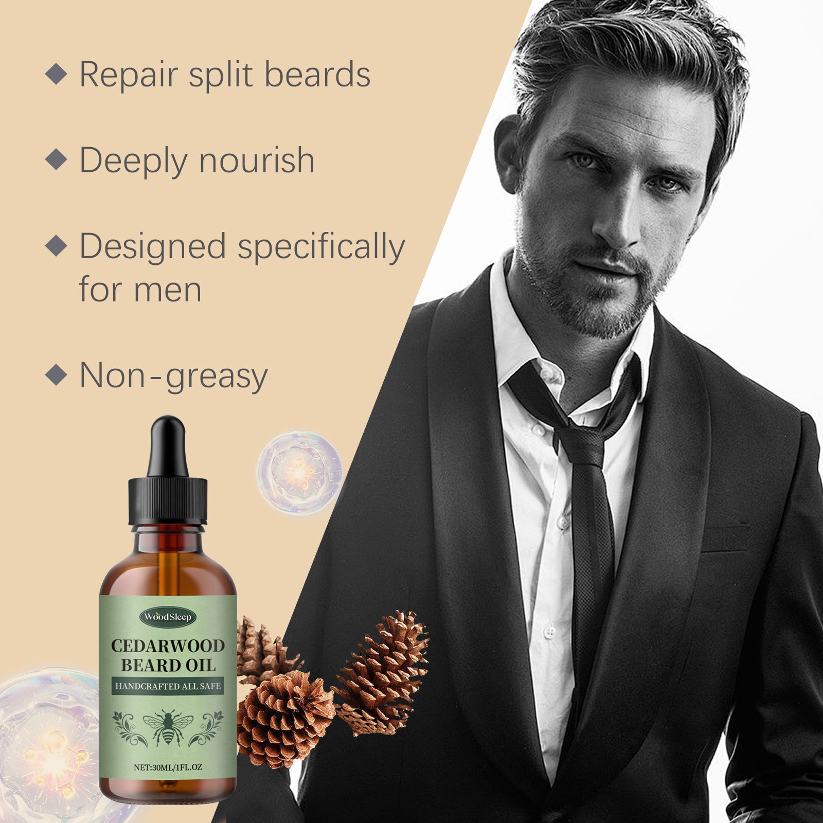 WoodSleep Huile Essentielle Soin Barbe Homme Nourrit, Fait Briller Et Adoucit La Barbe, Huile Essentielle De Soin Lissant