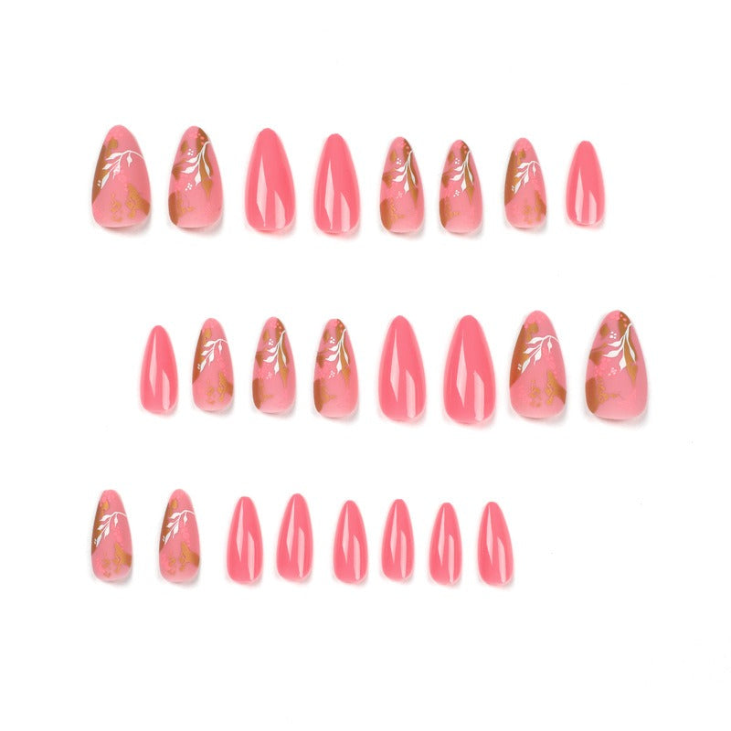 Manucure Ongles Portables Ongles Roses Point d'Encre Feuille d'Or Stickers Ongles Fleurs Blanches Stickers Ongles Amovibles