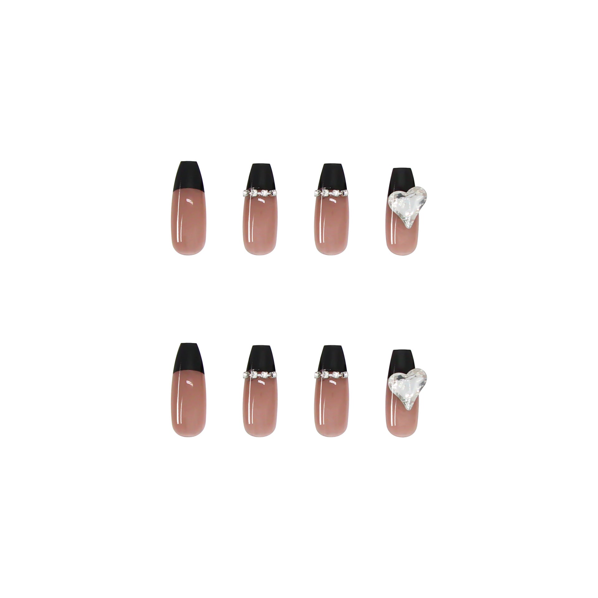Faux ongles noirs français longue tenue avec strass et chaînes d'amour, amovibles, autocollants pour manucure