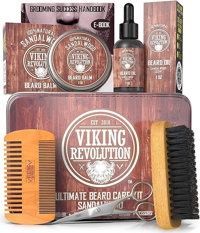 Kit de croissance de barbe - Huile, Baume, Sérum, Rouleau de Derma et Peigne en Bois pour la Croissance de la Barbe et de la Moustache