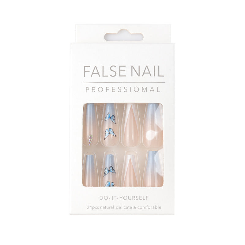 Ongles en filet rouge avec le même papillon bleu, perceuse à pointe, style français en forme de V, tendance de personnalité, patch d'ongle de manucure.