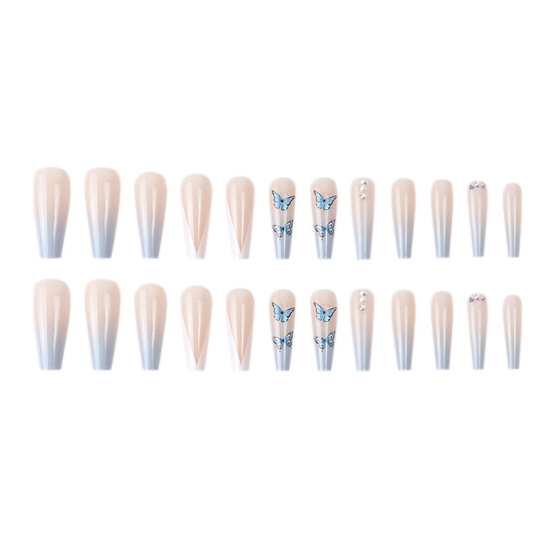 Ongles en filet rouge avec le même papillon bleu, perceuse à pointe, style français en forme de V, tendance de personnalité, patch d'ongle de manucure.