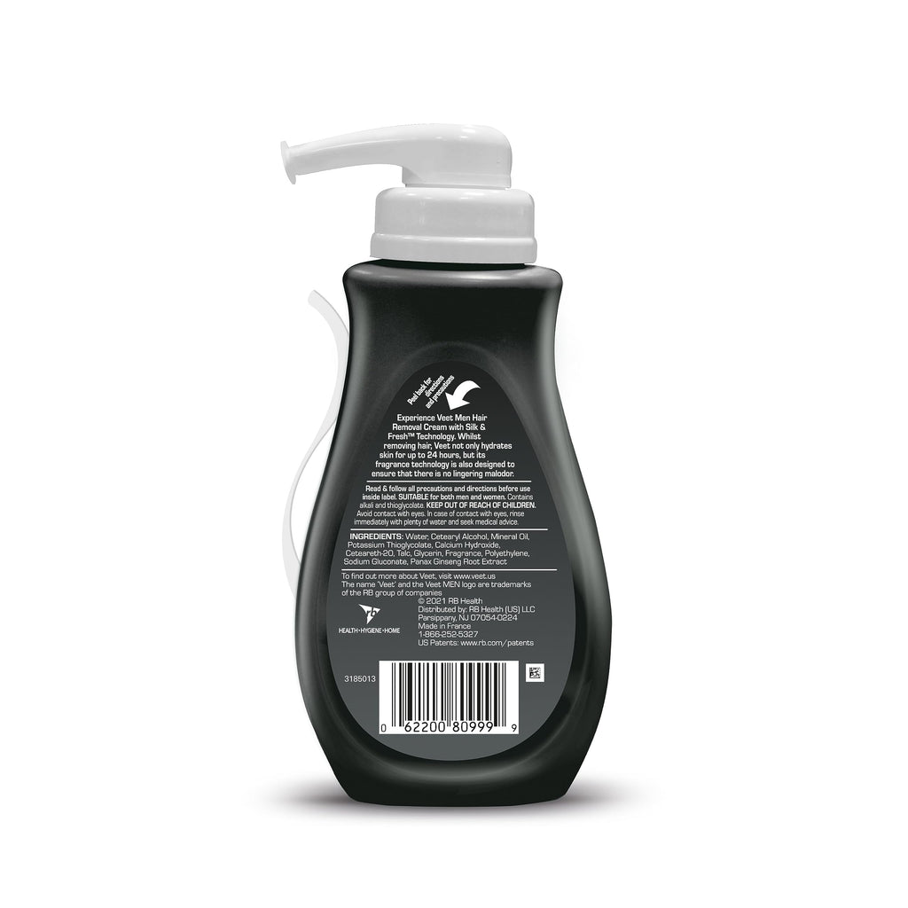 Crème dépilatoire Veet Men pour peaux sensibles, 400 ml, sans douleur, effet durable et rapide, fini net, testée dermatologiquement. À utiliser sur la poitrine, le dos, les bras, les jambes et les aisselles (lot de 2).