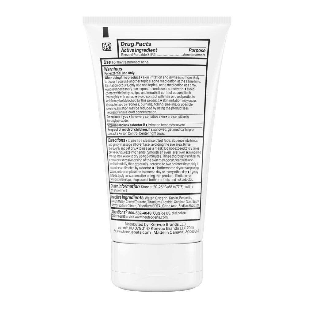 Masque Nettoyant Visage Anti-Acné Neutrogena Evenly Clear avec Peroxyde de Benzoyle à 3,5 % Traite les Éruptions Cutanées et Argile de Bentonite, Masque Purifiant à l'Argile Absorbe l'Huile pour Améliorer Visiblement l'Apparence de la Peau, 125 ml