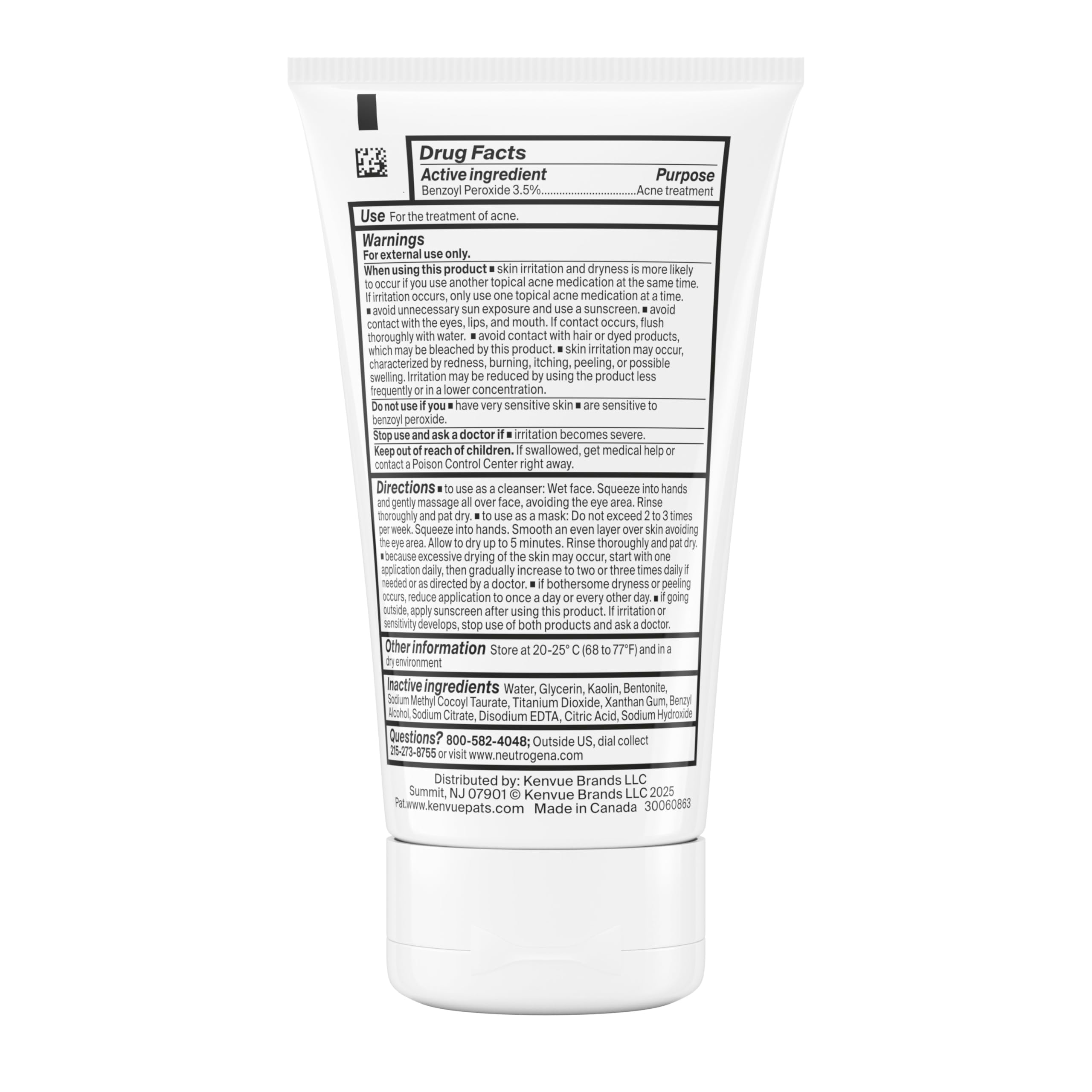 Masque Nettoyant Visage Anti-Acné Neutrogena Evenly Clear avec Peroxyde de Benzoyle à 3,5 % Traite les Éruptions Cutanées et Argile de Bentonite, Masque Purifiant à l'Argile Absorbe l'Huile pour Améliorer Visiblement l'Apparence de la Peau, 125 ml