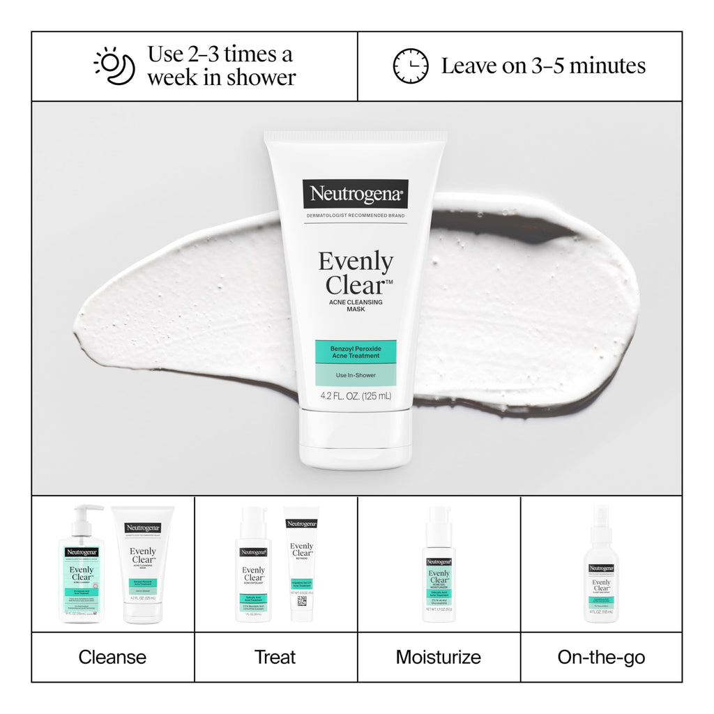 Masque Nettoyant Visage Anti-Acné Neutrogena Evenly Clear avec Peroxyde de Benzoyle à 3,5 % Traite les Éruptions Cutanées et Argile de Bentonite, Masque Purifiant à l'Argile Absorbe l'Huile pour Améliorer Visiblement l'Apparence de la Peau, 125 ml