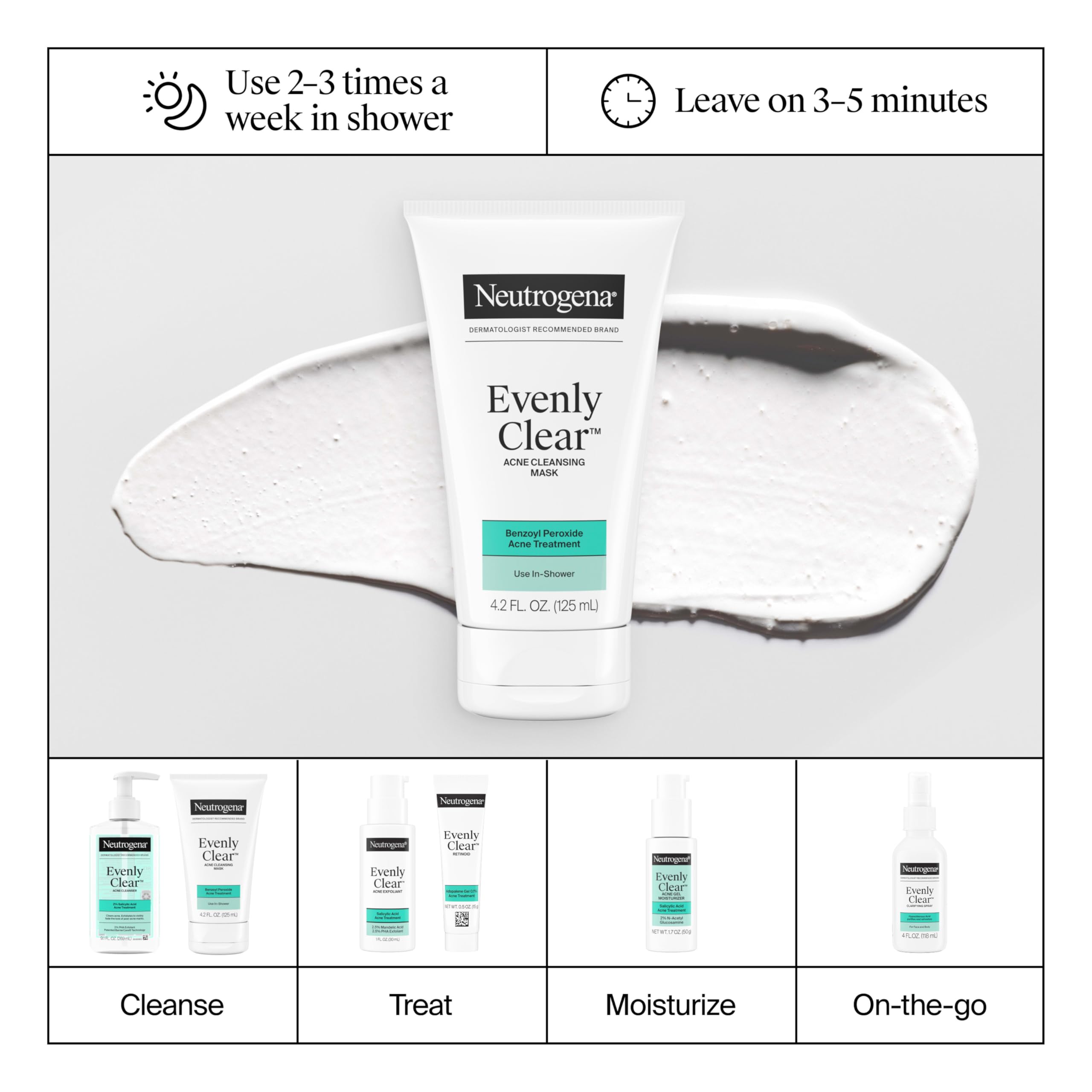 Masque Nettoyant Visage Anti-Acné Neutrogena Evenly Clear avec Peroxyde de Benzoyle à 3,5 % Traite les Éruptions Cutanées et Argile de Bentonite, Masque Purifiant à l'Argile Absorbe l'Huile pour Améliorer Visiblement l'Apparence de la Peau, 125 ml