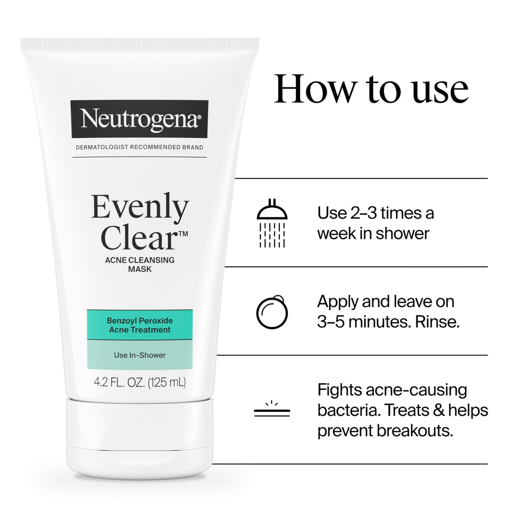 Masque Nettoyant Visage Anti-Acné Neutrogena Evenly Clear avec Peroxyde de Benzoyle à 3,5 % Traite les Éruptions Cutanées et Argile de Bentonite, Masque Purifiant à l'Argile Absorbe l'Huile pour Améliorer Visiblement l'Apparence de la Peau, 125 ml