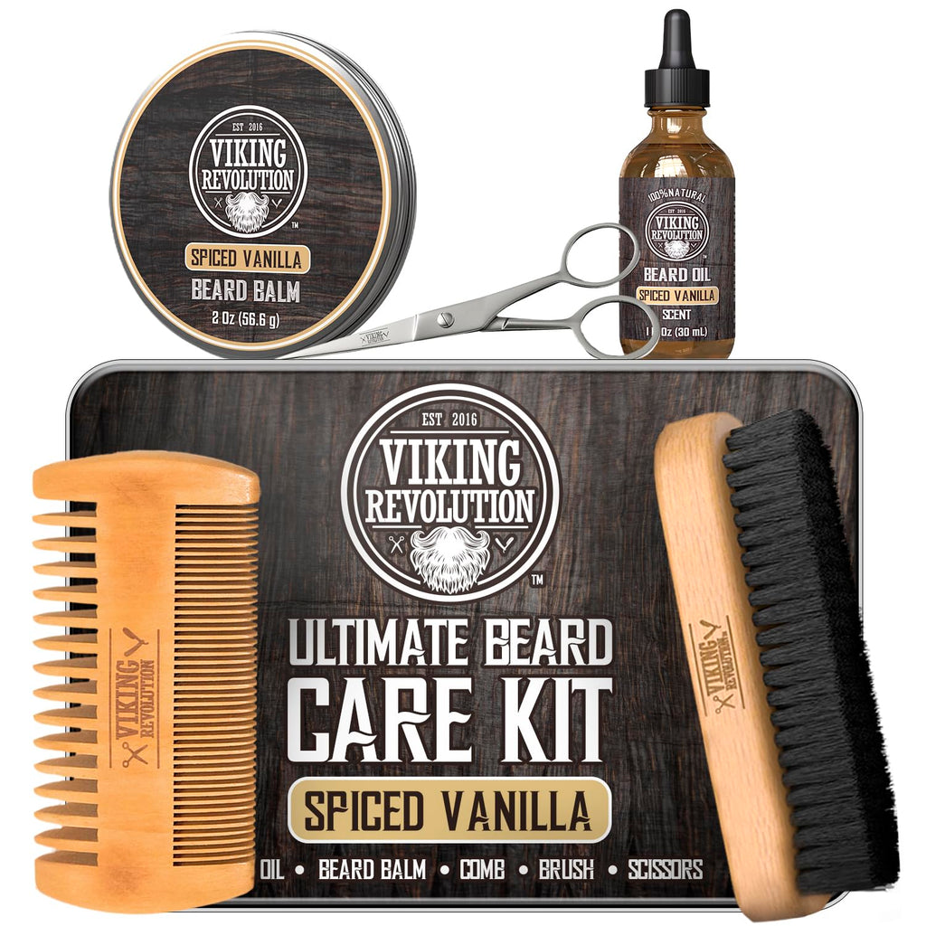Kit de croissance de barbe - Huile, Baume, Sérum, Rouleau de Derma et Peigne en Bois pour la Croissance de la Barbe et de la Moustache