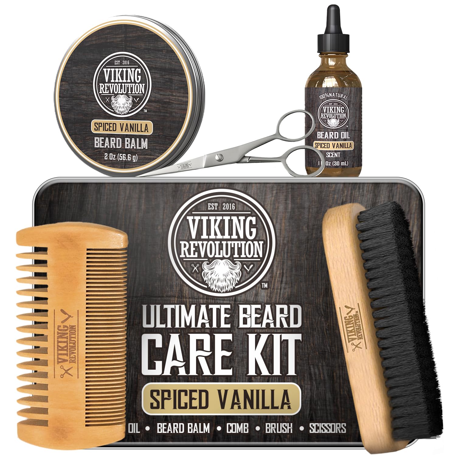 Kit de croissance de barbe - Huile, Baume, Sérum, Rouleau de Derma et Peigne en Bois pour la Croissance de la Barbe et de la Moustache