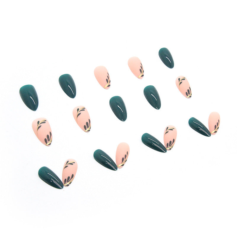 Faux ongles en amande avec motif feuilles vertes Ongles acryliques elliptiques portables Faux ongles à presser Manucure
