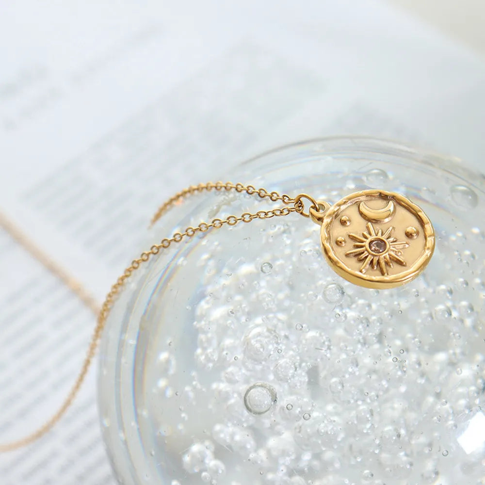 Collier romantique étoile et lune en zircon, pendentif rond en acier titane plaqué or, chaîne de cou