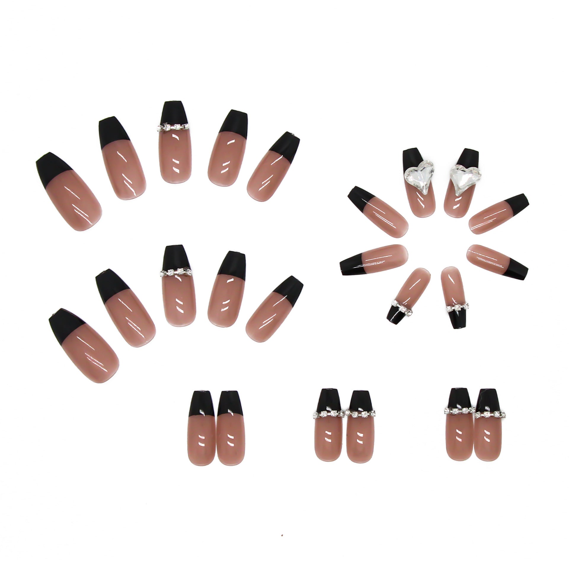 Faux ongles noirs français longue tenue avec strass et chaînes d'amour, amovibles, autocollants pour manucure