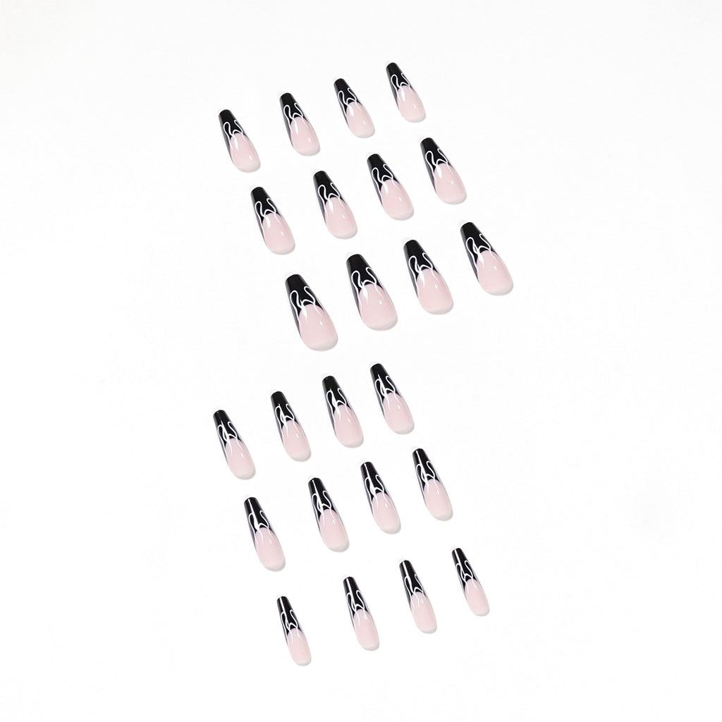 Faux ongles noirs flamme française, faux ongles finis, patch d'ongle, faux ongle