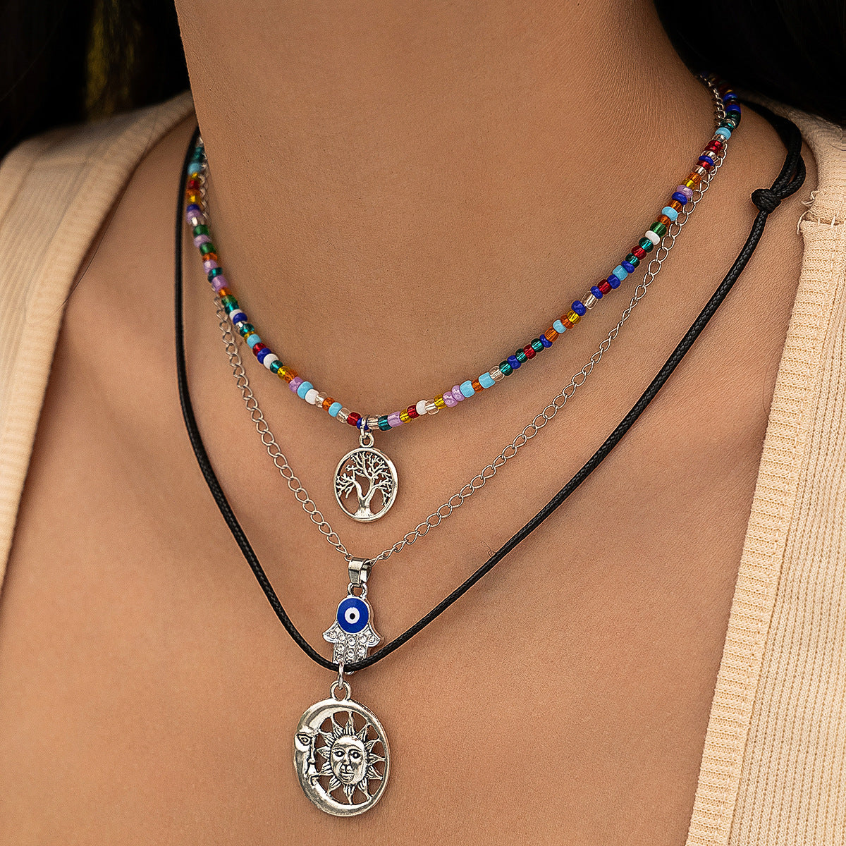 Collier de perles ras du cou fantaisie imitation turquoise, style ethnique, motif cactus