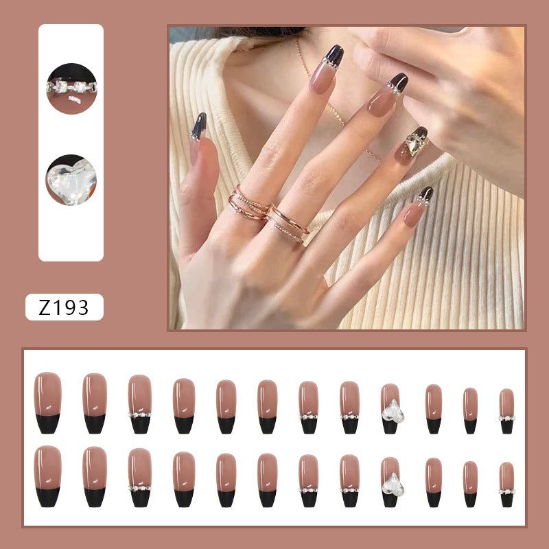 Faux ongles noirs français longue tenue avec strass et chaînes d'amour, amovibles, autocollants pour manucure