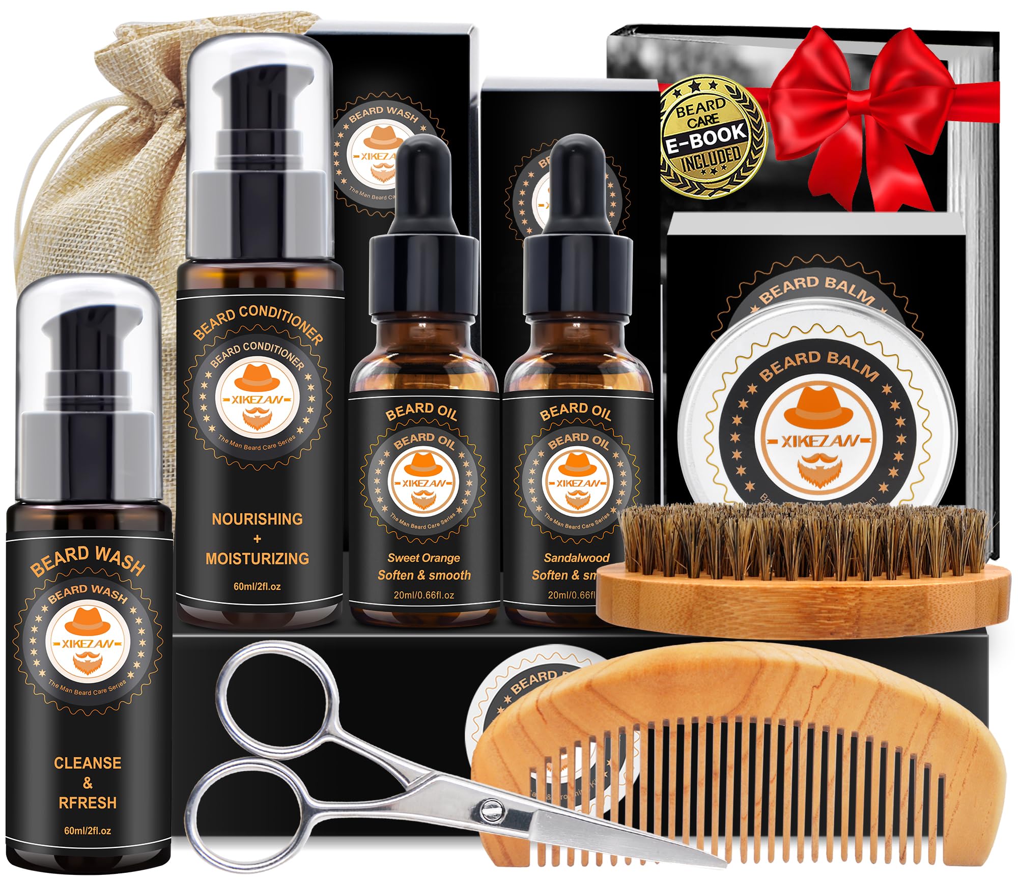 XIKEZAN Kit de toilettage et d'entretien pour barbe avec revitalisant, shampoing, huile, baume, brosse, peigne, cadeaux d'anniversaire pour la fête des pères, la Saint-Valentin pour homme, papa, mari, petit ami
