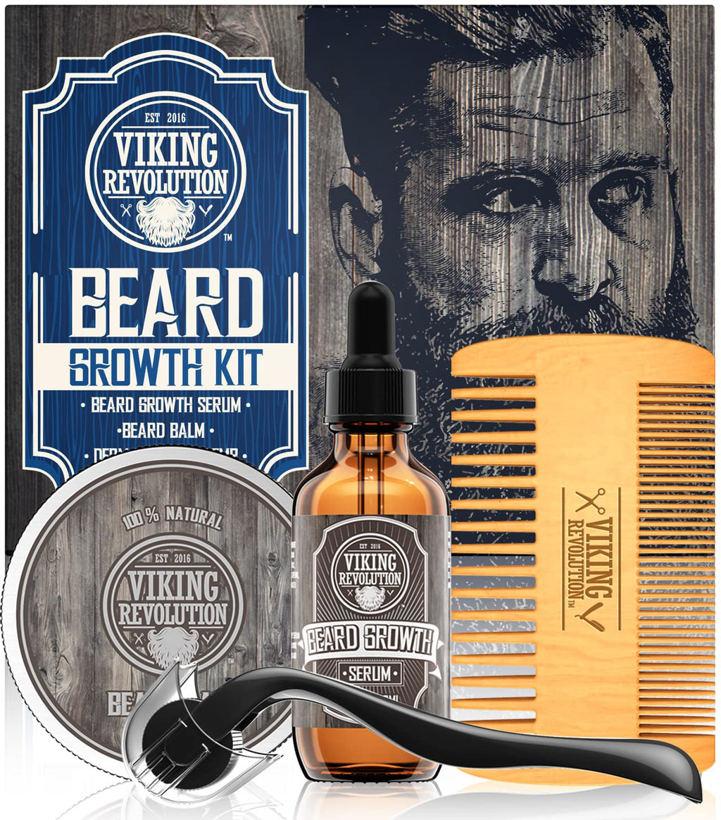 Kit de croissance de barbe - Huile, Baume, Sérum, Rouleau de Derma et Peigne en Bois pour la Croissance de la Barbe et de la Moustache