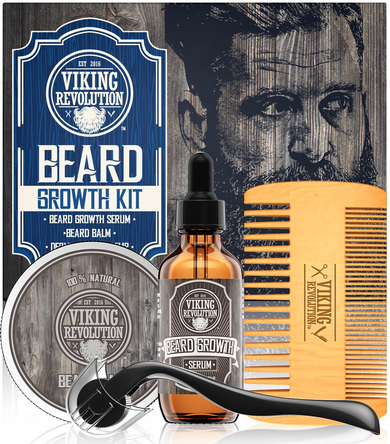 Kit de croissance de barbe - Huile, Baume, Sérum, Rouleau de Derma et Peigne en Bois pour la Croissance de la Barbe et de la Moustache