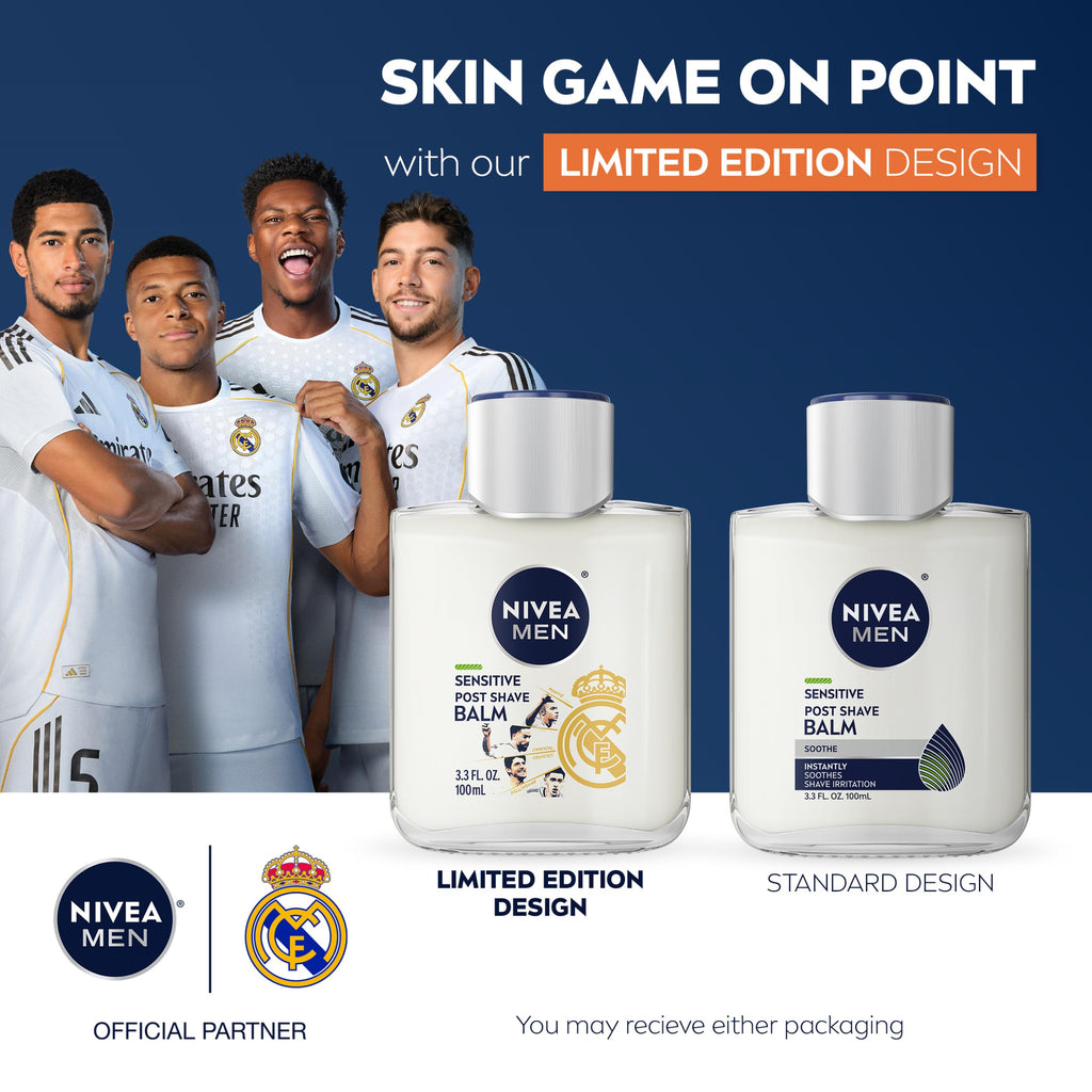 NIVEA MEN Baume Après-Rasage Peaux Sensibles Design Édition Limitée Real Madrid, au complexe VitaminPro, Baume Après-Rasage sans alcool pour homme, flacon de 100 ml