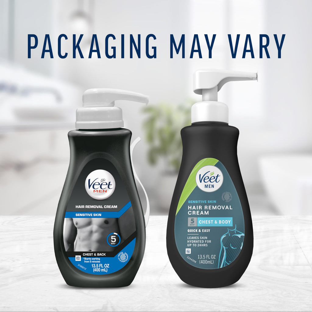 Crème dépilatoire Veet Men pour peaux sensibles, 400 ml, sans douleur, effet durable et rapide, fini net, testée dermatologiquement. À utiliser sur la poitrine, le dos, les bras, les jambes et les aisselles (lot de 2).