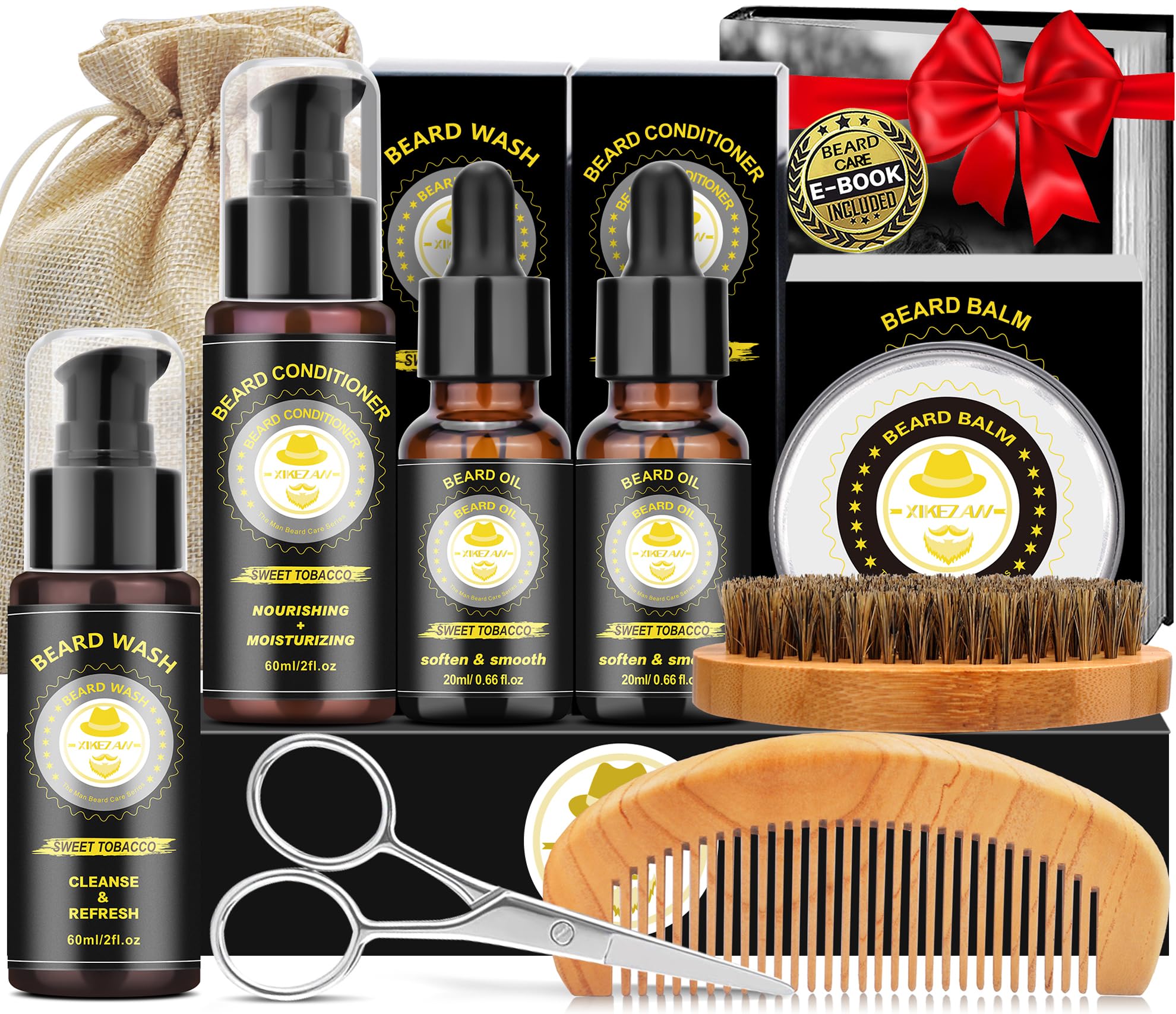 XIKEZAN Kit de toilettage et d'entretien pour barbe avec revitalisant, shampoing, huile, baume, brosse, peigne, cadeaux d'anniversaire pour la fête des pères, la Saint-Valentin pour homme, papa, mari, petit ami