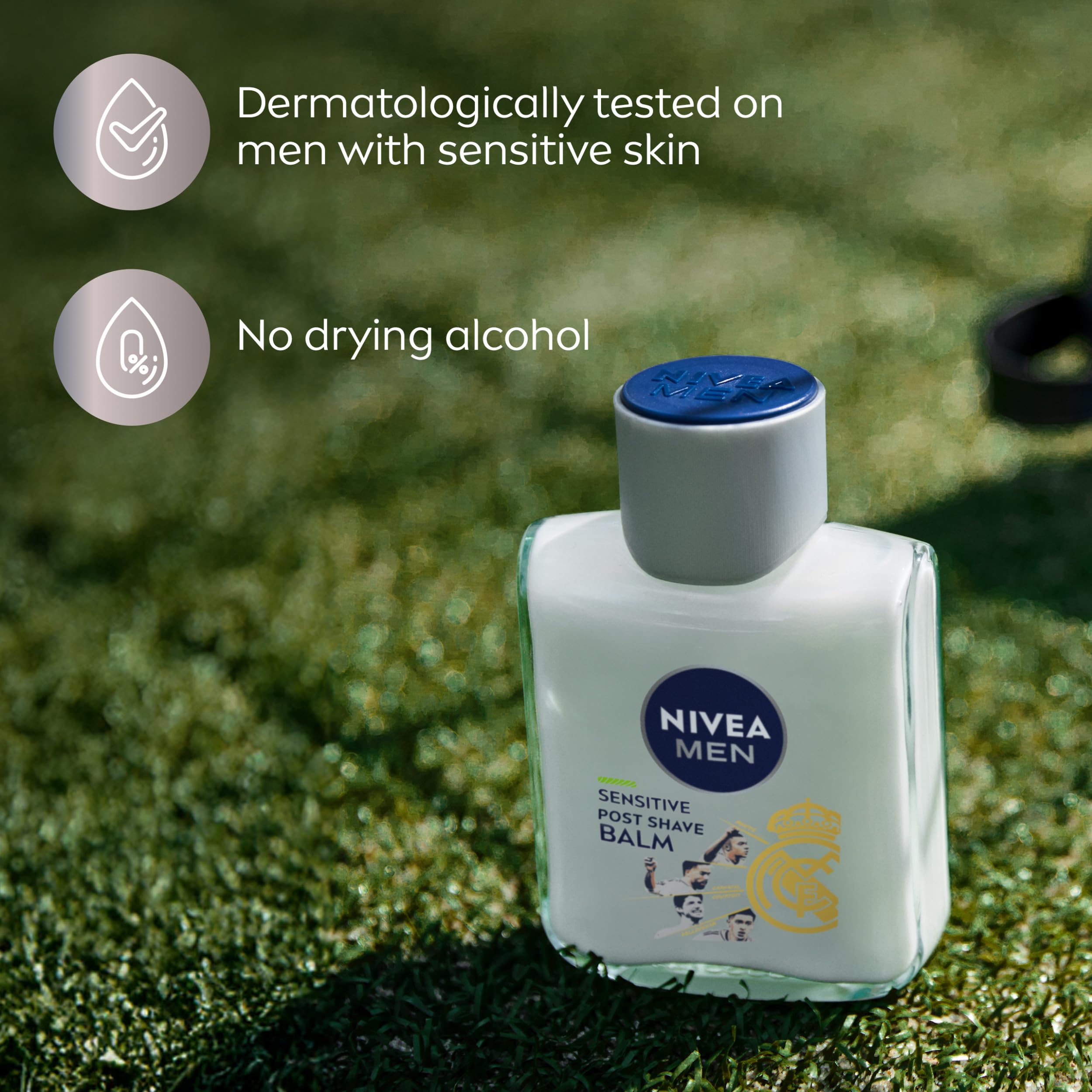 NIVEA MEN Baume Après-Rasage Peaux Sensibles Design Édition Limitée Real Madrid, au complexe VitaminPro, Baume Après-Rasage sans alcool pour homme, flacon de 100 ml