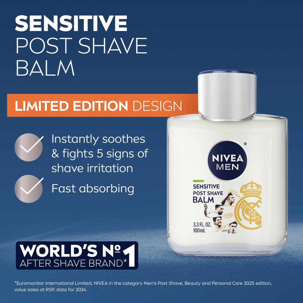 NIVEA MEN Baume Après-Rasage Peaux Sensibles Design Édition Limitée Real Madrid, au complexe VitaminPro, Baume Après-Rasage sans alcool pour homme, flacon de 100 ml