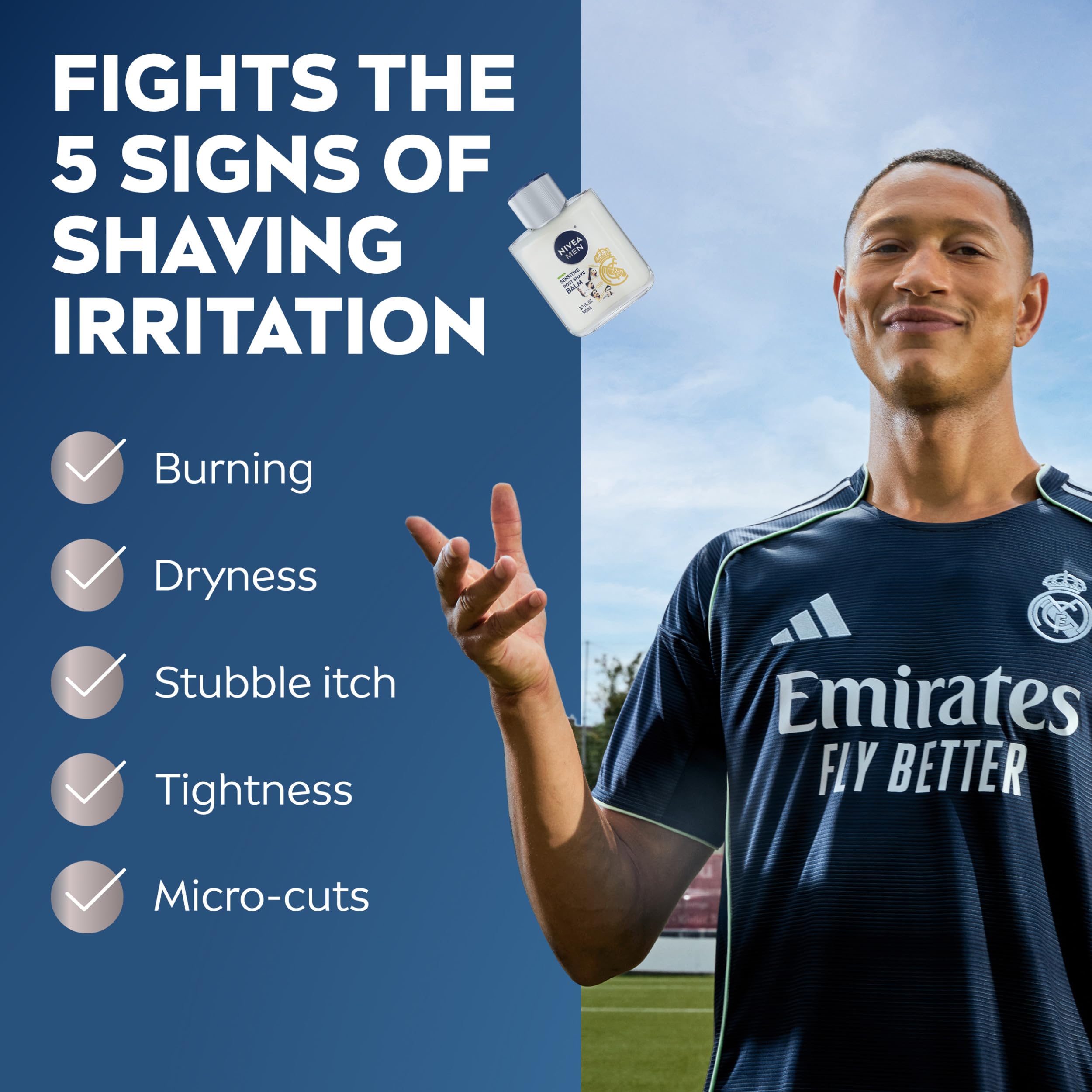 NIVEA MEN Baume Après-Rasage Peaux Sensibles Design Édition Limitée Real Madrid, au complexe VitaminPro, Baume Après-Rasage sans alcool pour homme, flacon de 100 ml