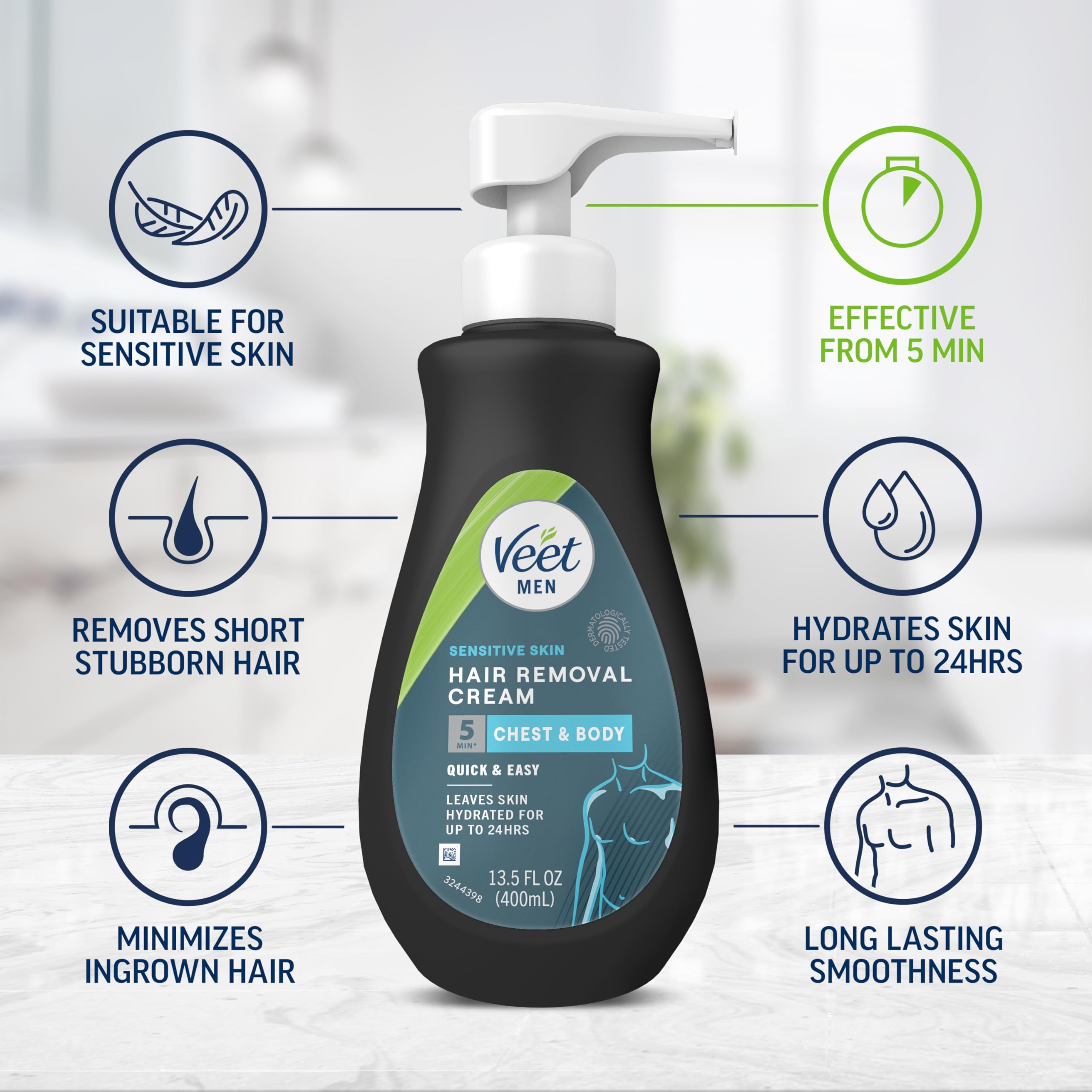 Crème dépilatoire Veet Men pour peaux sensibles, 400 ml, sans douleur, effet durable et rapide, fini net, testée dermatologiquement. À utiliser sur la poitrine, le dos, les bras, les jambes et les aisselles (lot de 2).