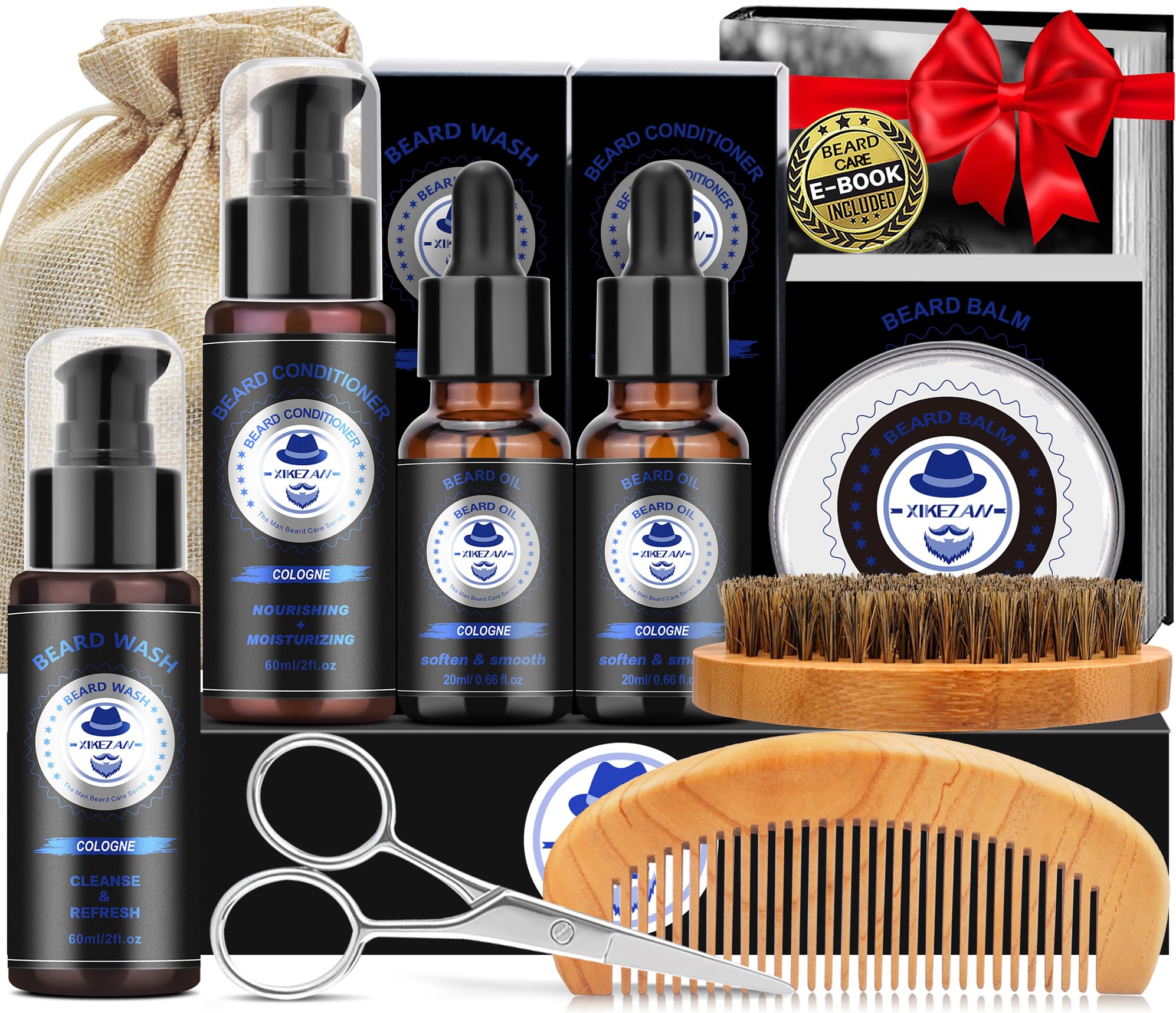 XIKEZAN Kit de toilettage et d'entretien pour barbe avec revitalisant, shampoing, huile, baume, brosse, peigne, cadeaux d'anniversaire pour la fête des pères, la Saint-Valentin pour homme, papa, mari, petit ami