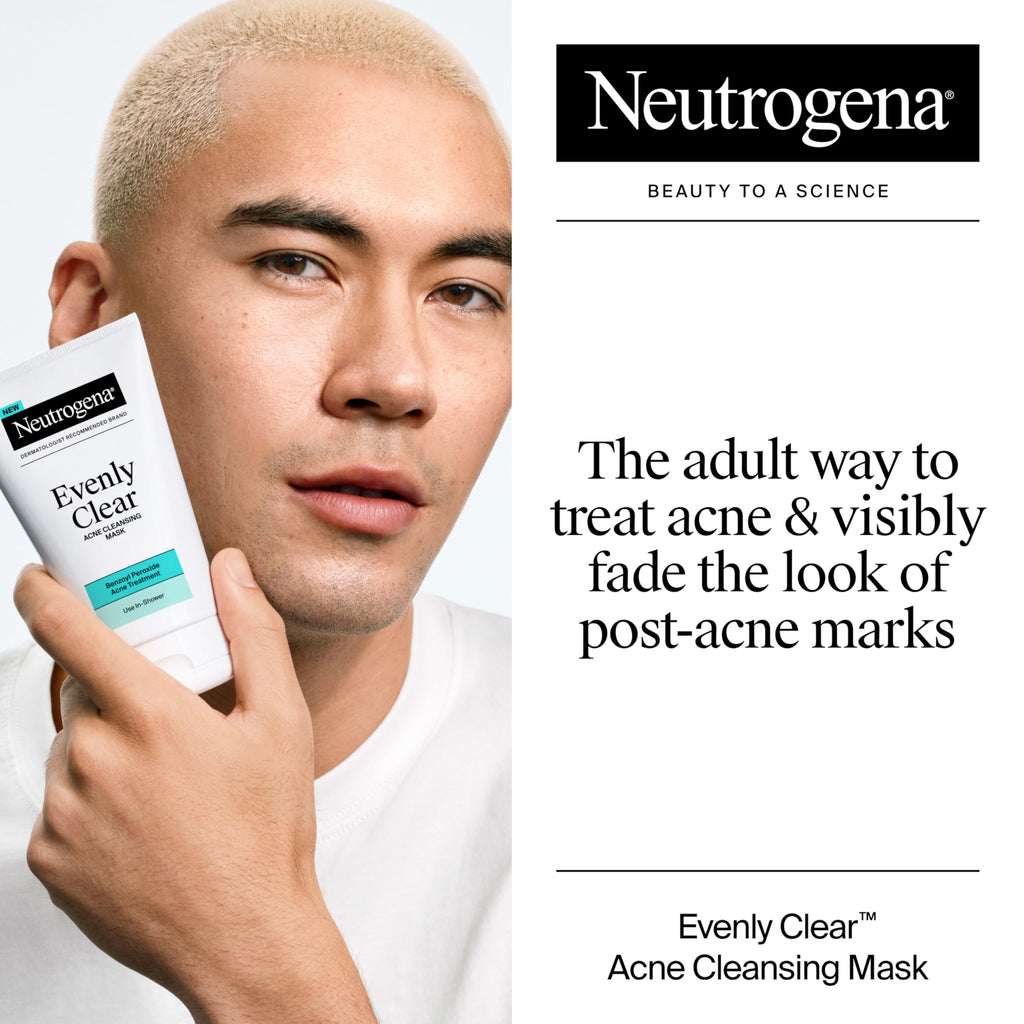 Masque Nettoyant Visage Anti-Acné Neutrogena Evenly Clear avec Peroxyde de Benzoyle à 3,5 % Traite les Éruptions Cutanées et Argile de Bentonite, Masque Purifiant à l'Argile Absorbe l'Huile pour Améliorer Visiblement l'Apparence de la Peau, 125 ml