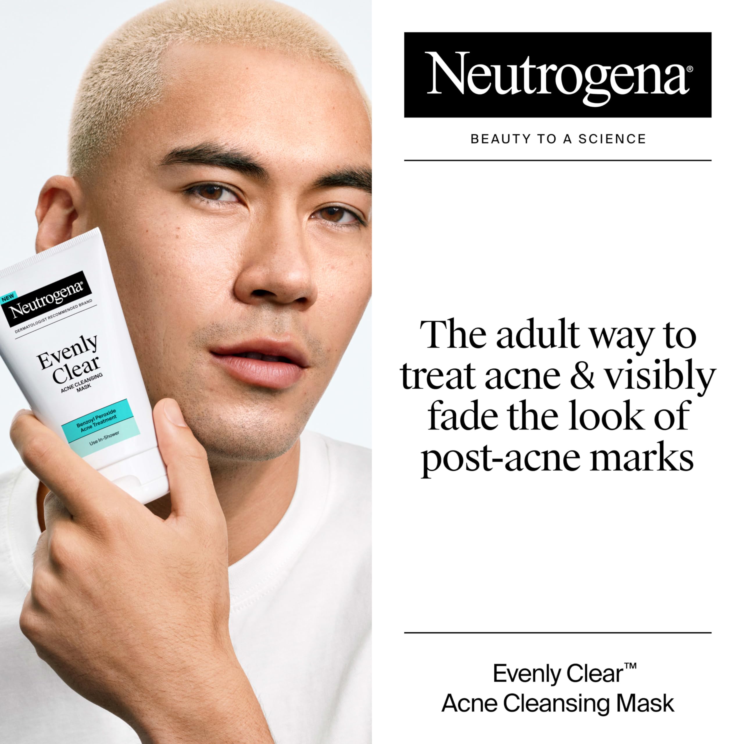 Masque Nettoyant Visage Anti-Acné Neutrogena Evenly Clear avec Peroxyde de Benzoyle à 3,5 % Traite les Éruptions Cutanées et Argile de Bentonite, Masque Purifiant à l'Argile Absorbe l'Huile pour Améliorer Visiblement l'Apparence de la Peau, 125 ml